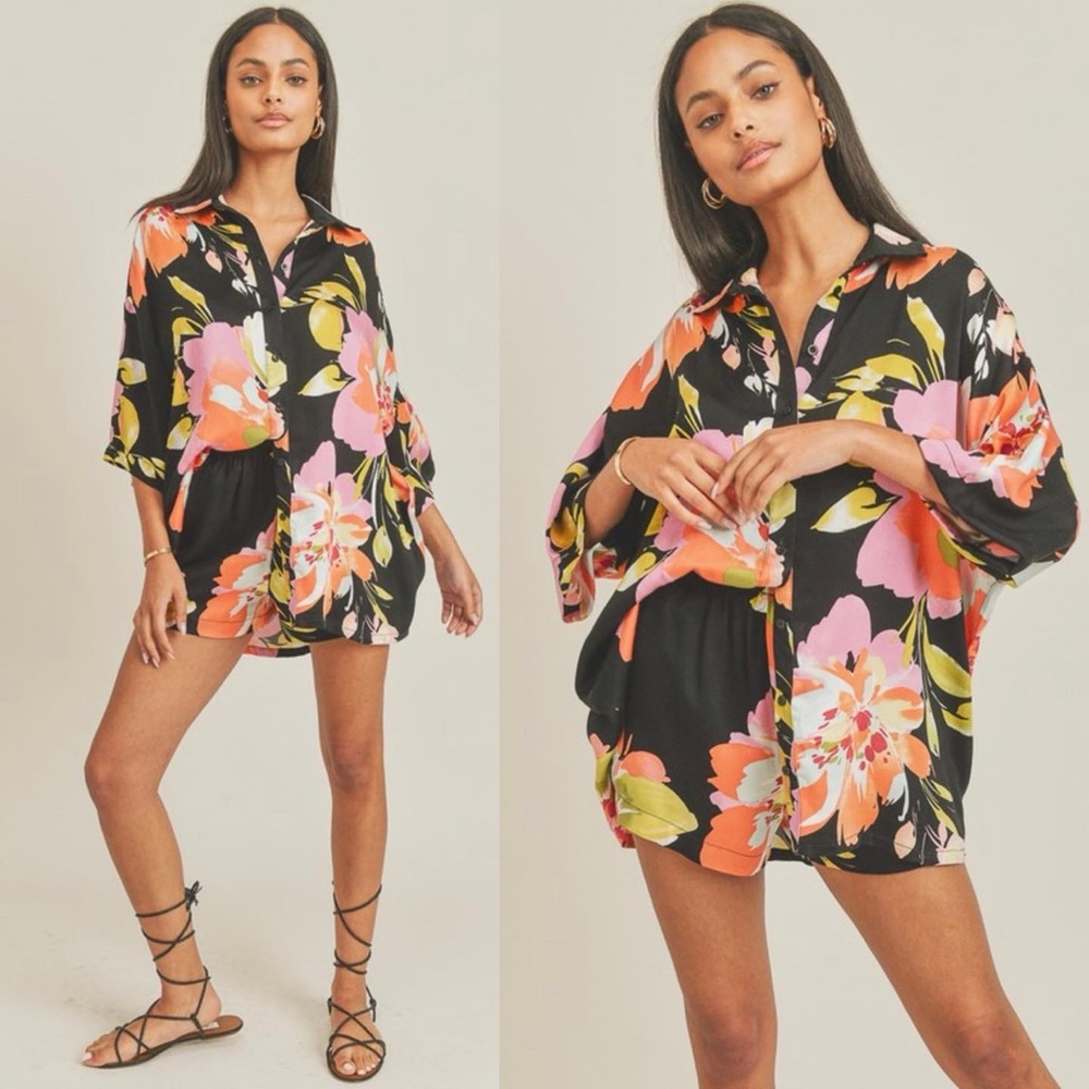 Floral Black and Pink Button-Up Top & Short Set